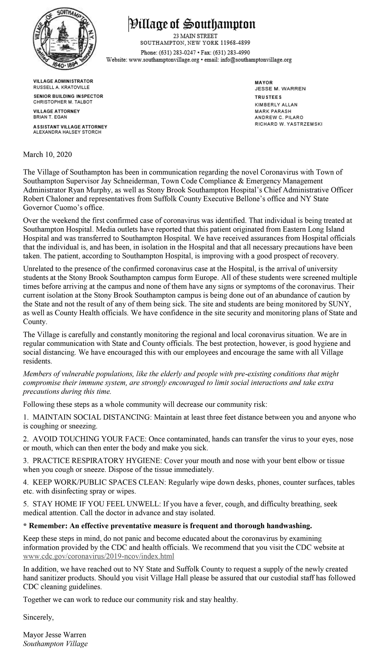Image of SH Village Coronavirus statement March 10, 2020