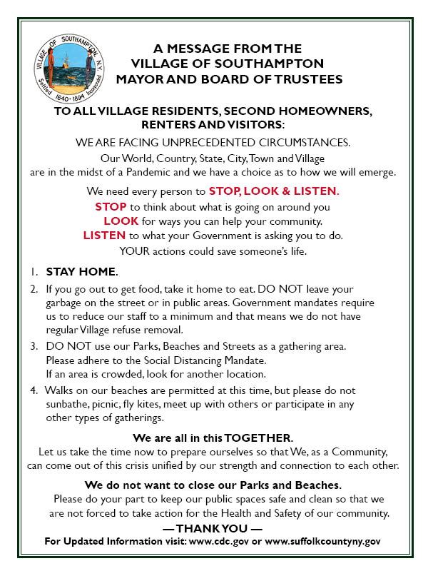 image of SH VIllage Coronavirus Message - March 22 2020